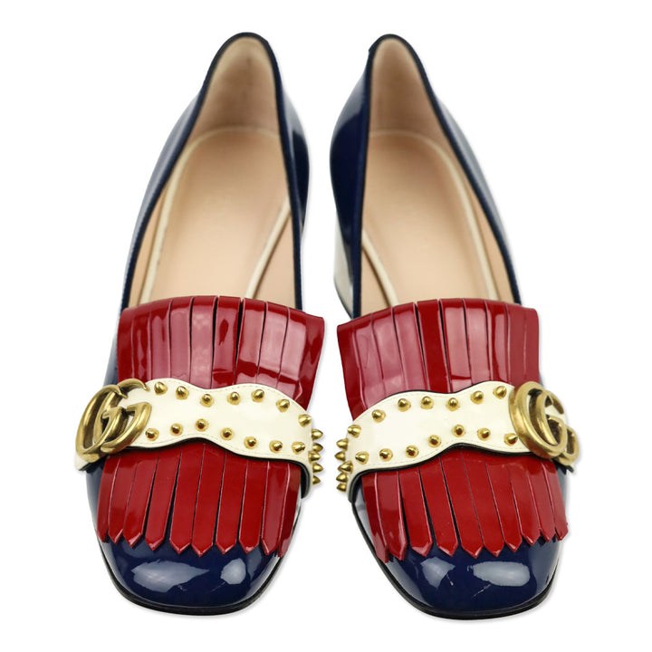 Gucci Blue Agata/Hibiscus Red/Mystic White Vernice Studded GG Marmont Fringed Loafer Pumps
