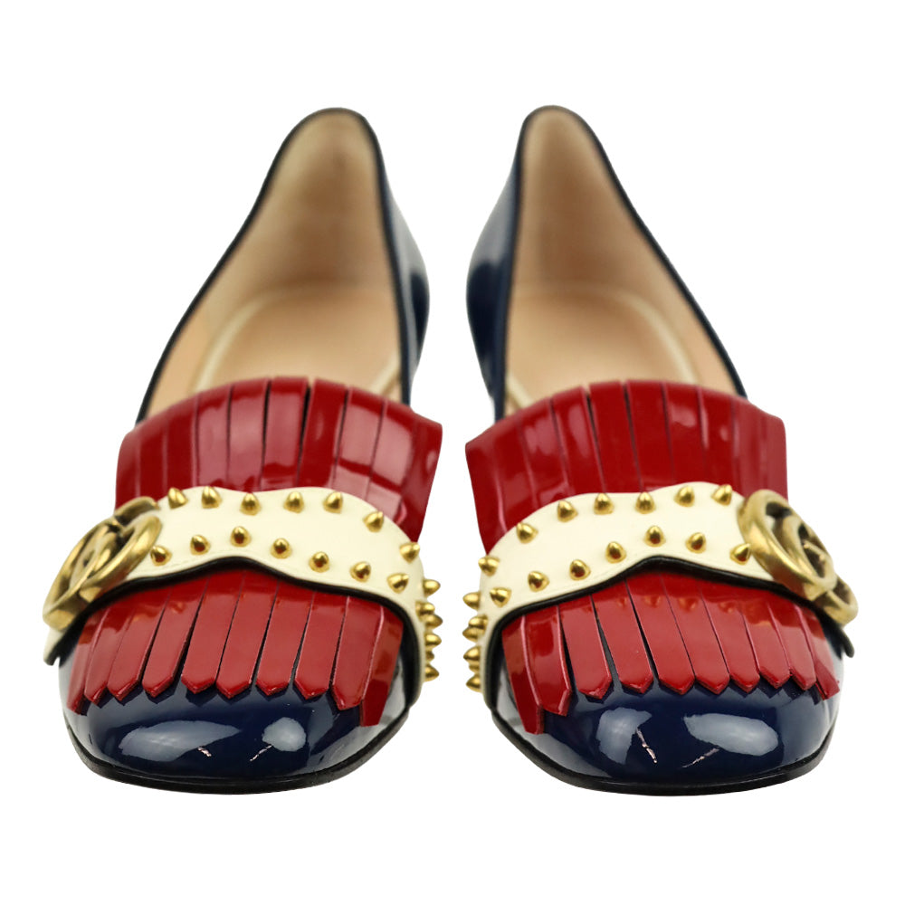 Gucci Blue Agata/Hibiscus Red/Mystic White Vernice Studded GG Marmont Fringed Loafer Pumps