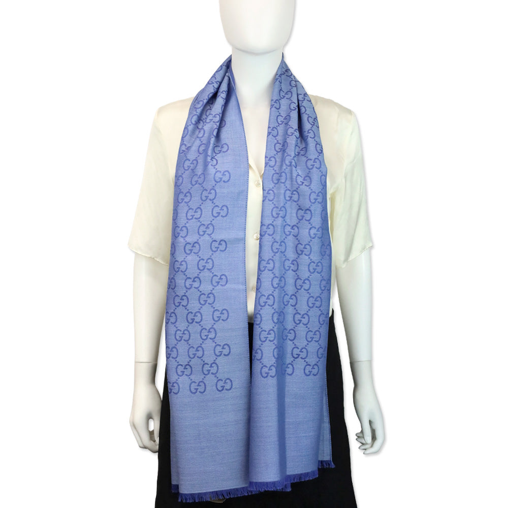 Gucci Blue GG Wool Silk Jacquard Scarf