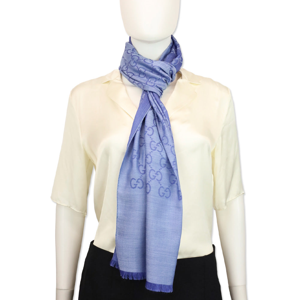 Gucci Blue GG Wool Silk Jacquard Scarf