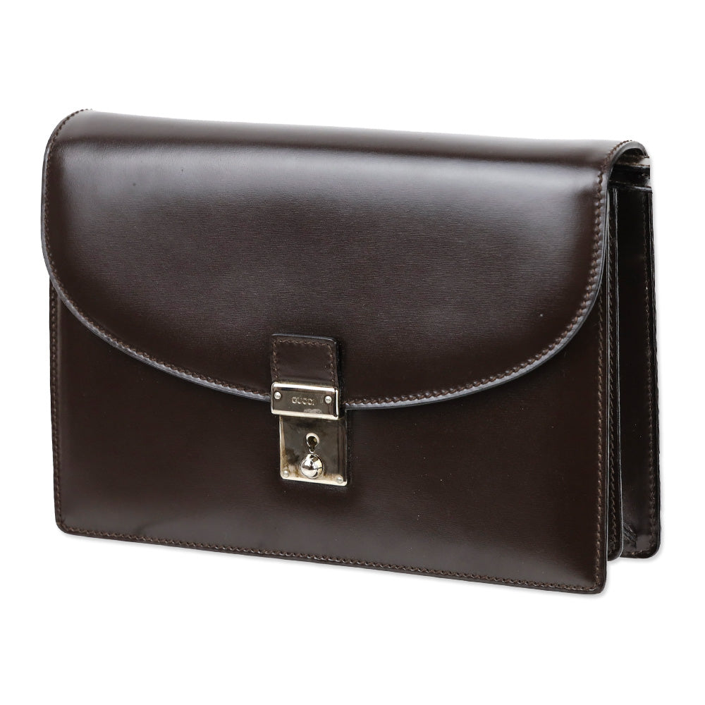 Gucci Brown Buffed Leather Clutch with Wristlet Strap