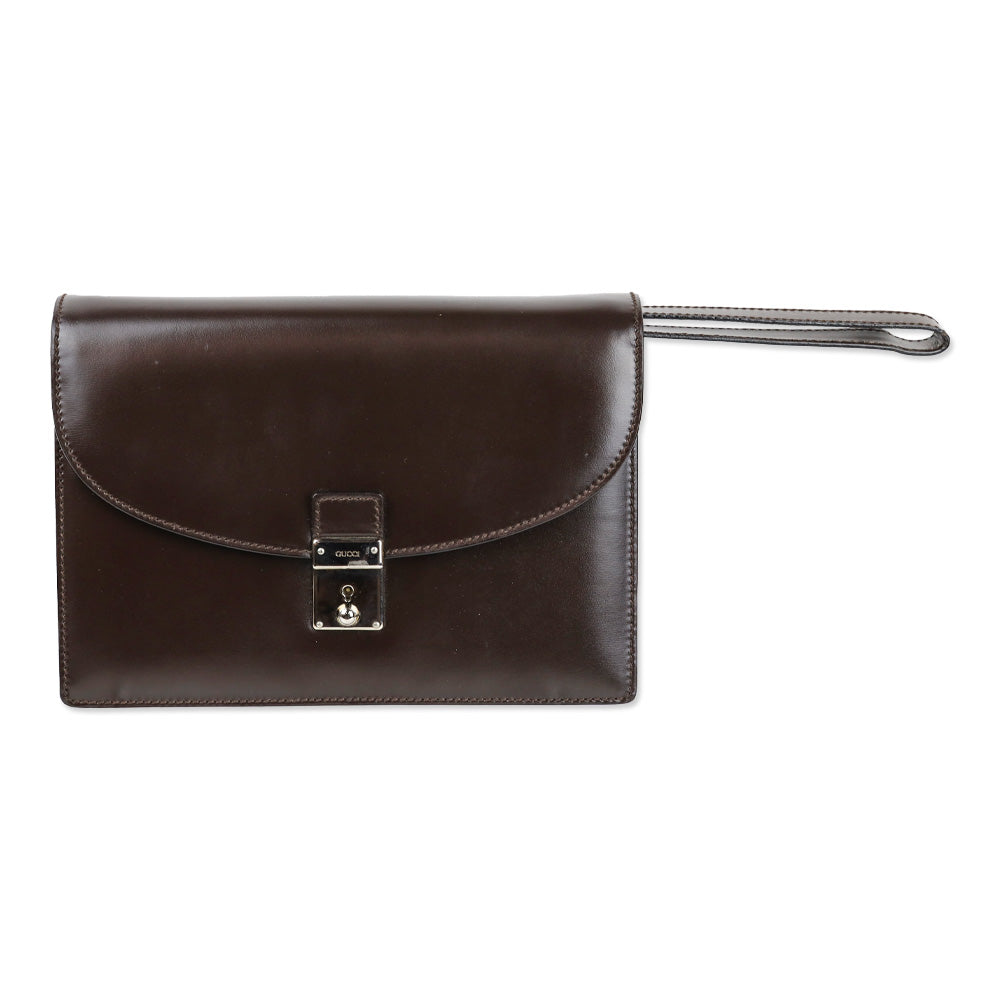Gucci Brown Buffed Leather Clutch with Wristlet Strap