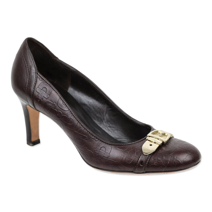 Gucci Brown Horsebit Embossed Leather Buckle Pumps