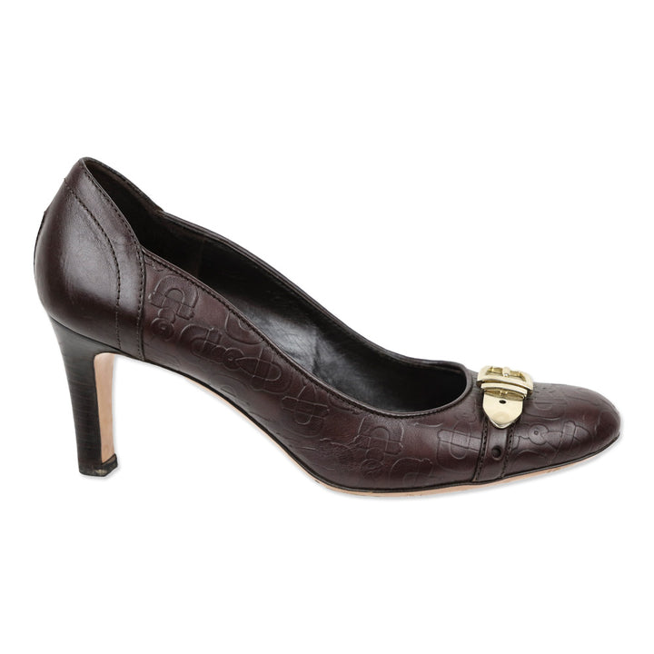 Gucci Brown Horsebit Embossed Leather Buckle Pumps