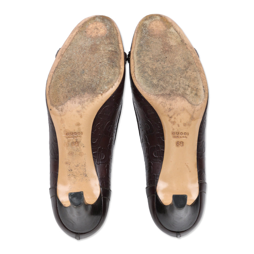 Gucci Brown Horsebit Embossed Leather Buckle Pumps