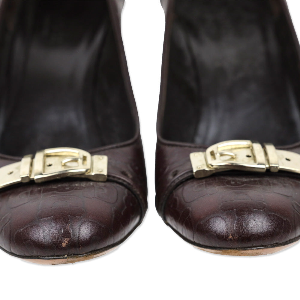 Gucci Brown Horsebit Embossed Leather Buckle Pumps
