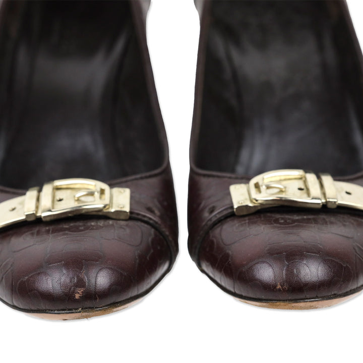 Gucci Brown Horsebit Embossed Leather Buckle Pumps