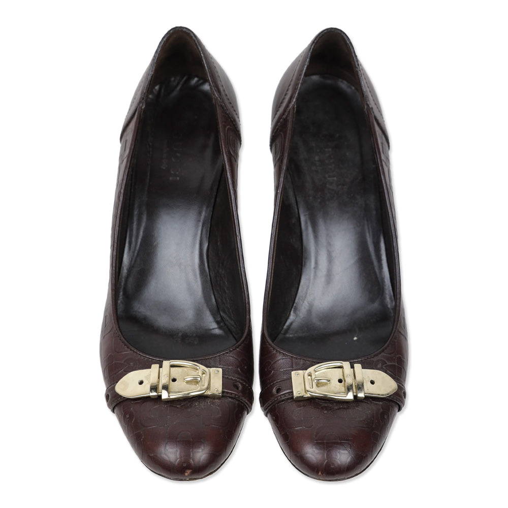 Gucci Brown Horsebit Embossed Leather Buckle Pumps