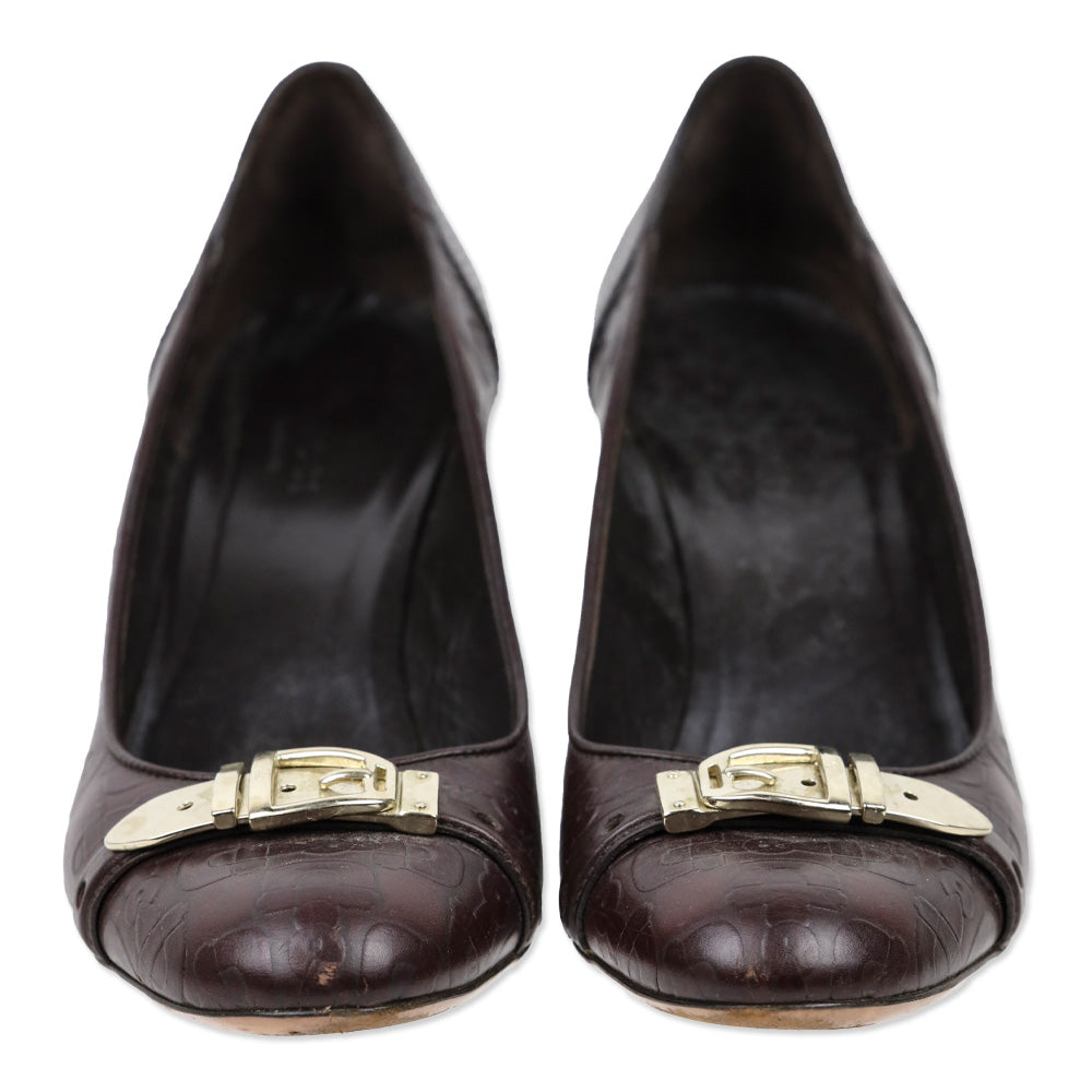 Gucci Brown Horsebit Embossed Leather Buckle Pumps