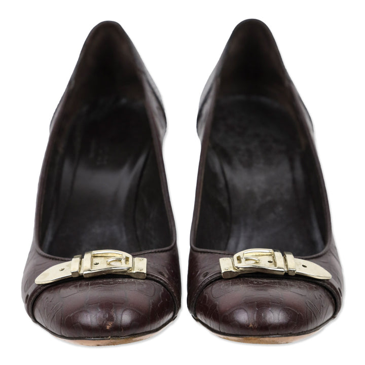 Gucci Brown Horsebit Embossed Leather Buckle Pumps