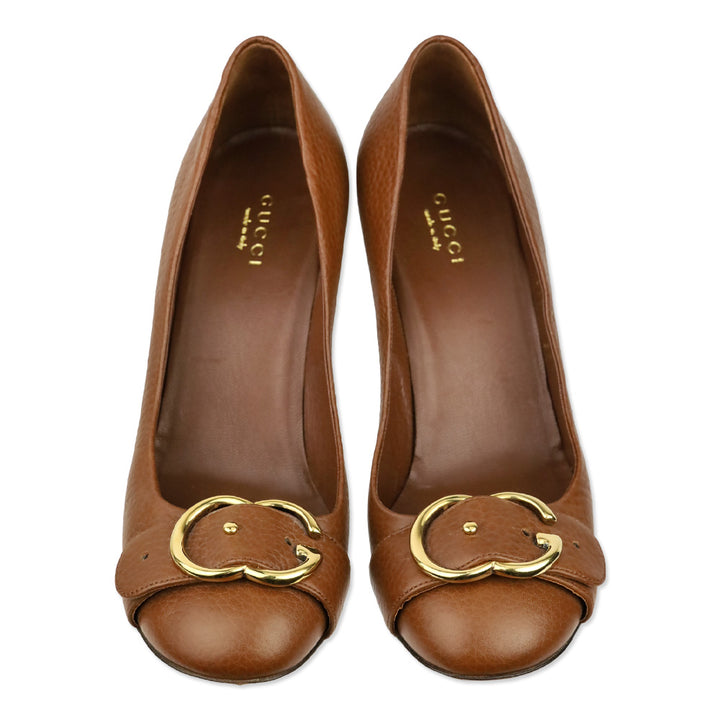 Gucci Brown Leather 'Ride' GG Buckle Pumps