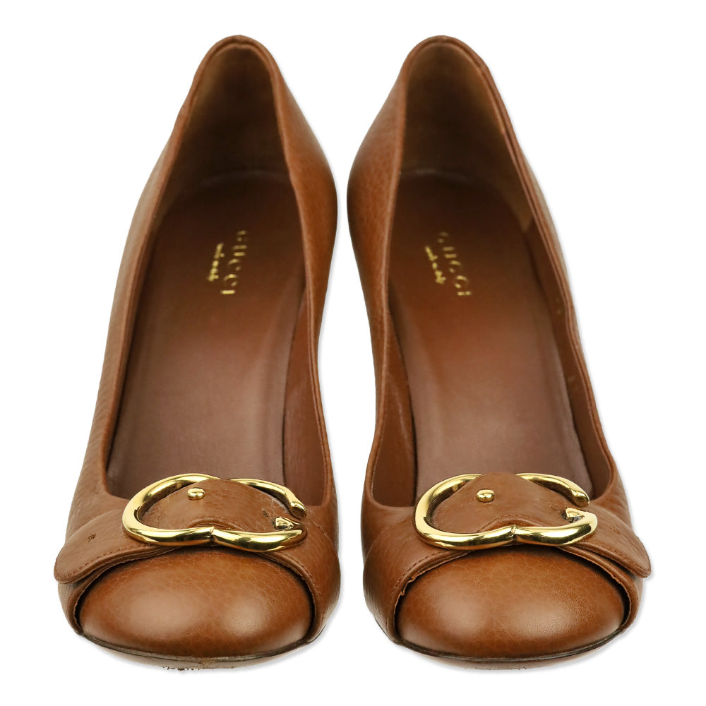 Gucci Brown Leather 'Ride' GG Buckle Pumps