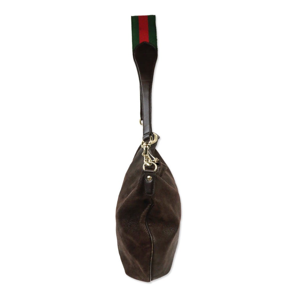 Gucci Brown Nubuck Web Strap Half Moon Hobo Bag