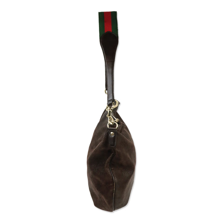 Gucci Brown Nubuck Web Strap Half Moon Hobo Bag