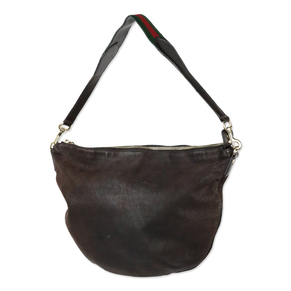 Gucci Brown Nubuck Web Strap Half Moon Hobo Bag