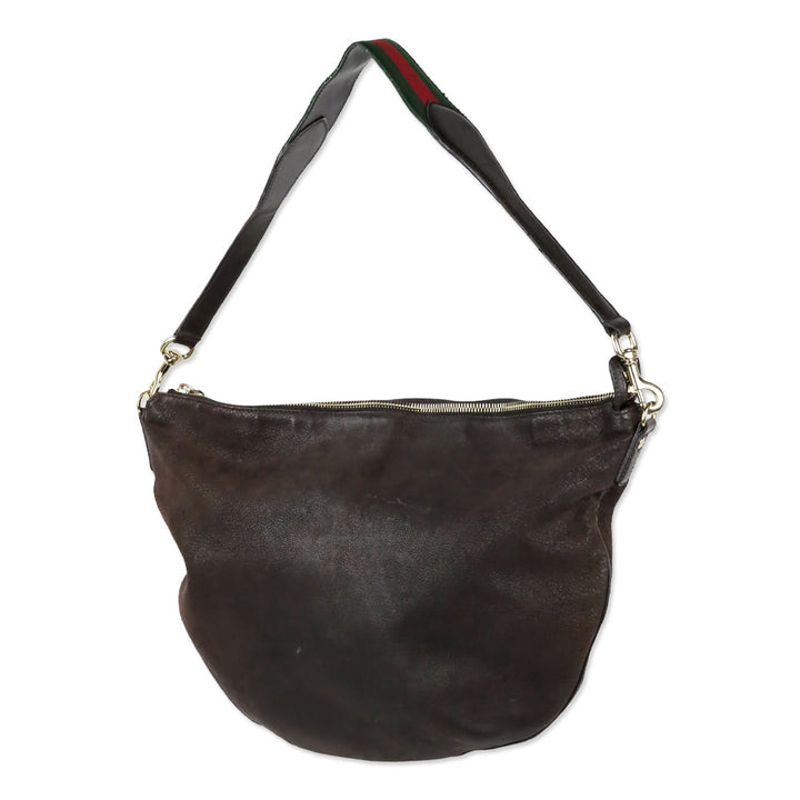 Gucci Brown Nubuck Web Strap Half Moon Hobo Bag