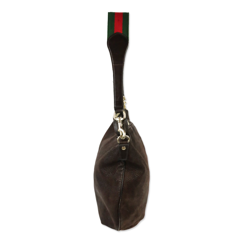 Gucci Brown Nubuck Web Strap Half Moon Hobo Bag