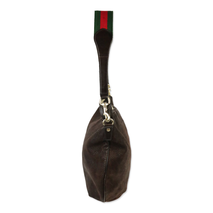 Gucci Brown Nubuck Web Strap Half Moon Hobo Bag