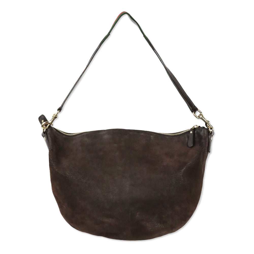 Gucci Brown Nubuck Web Strap Half Moon Hobo Bag