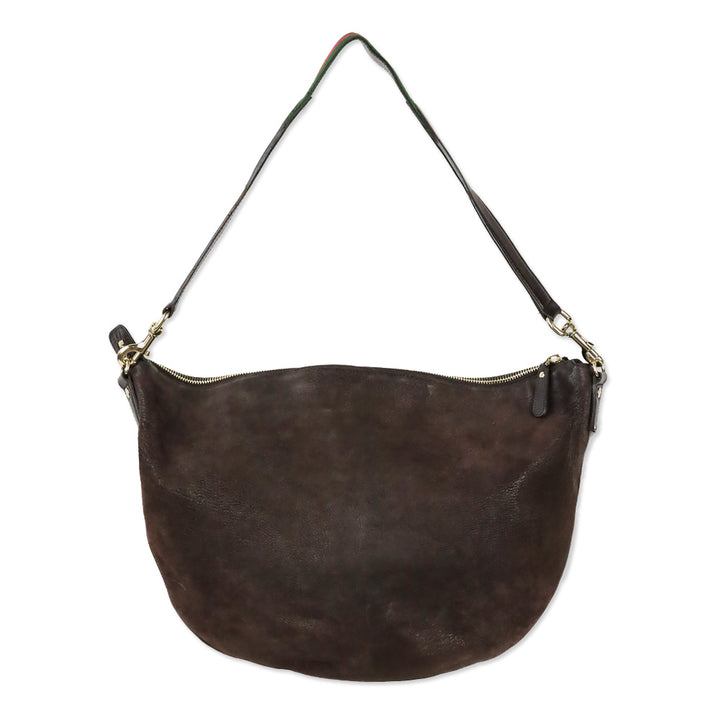 Gucci Brown Nubuck Web Strap Half Moon Hobo Bag