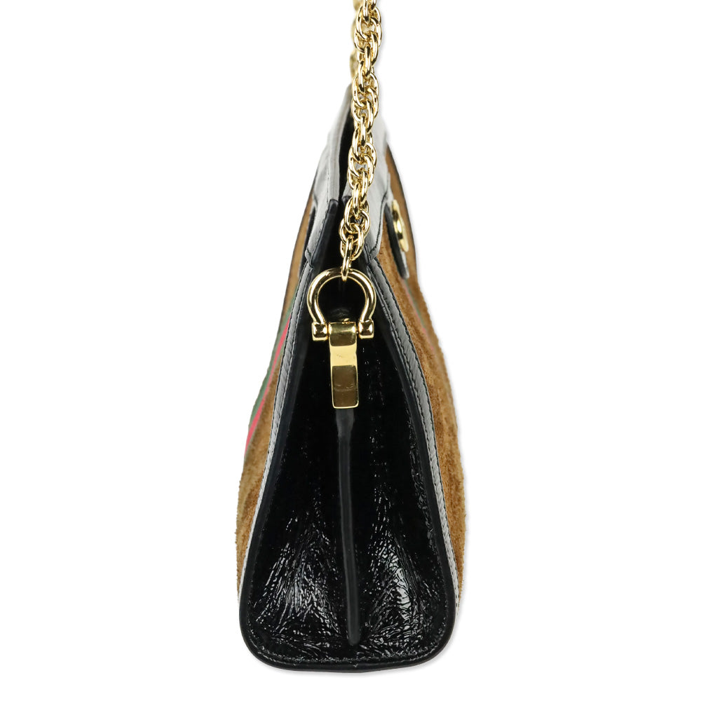 Gucci Brown Suede Black Patent Leather Web Stripe Small Ophidia Bag