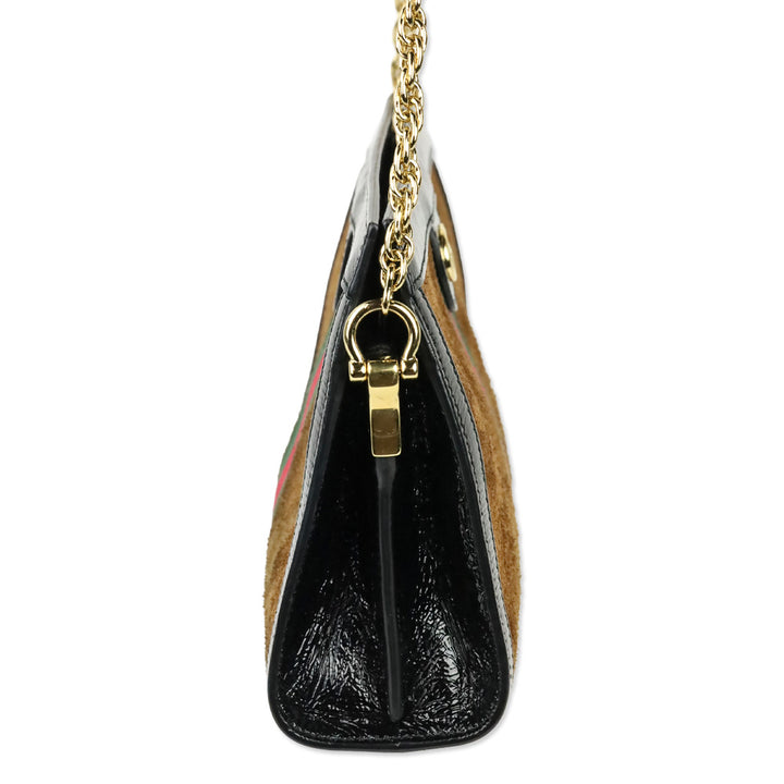 Gucci Brown Suede Black Patent Leather Web Stripe Small Ophidia Bag