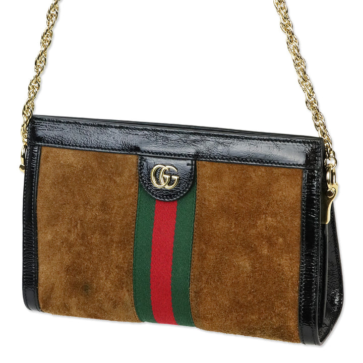 Gucci Brown Suede Black Patent Leather Web Stripe Small Ophidia Bag
