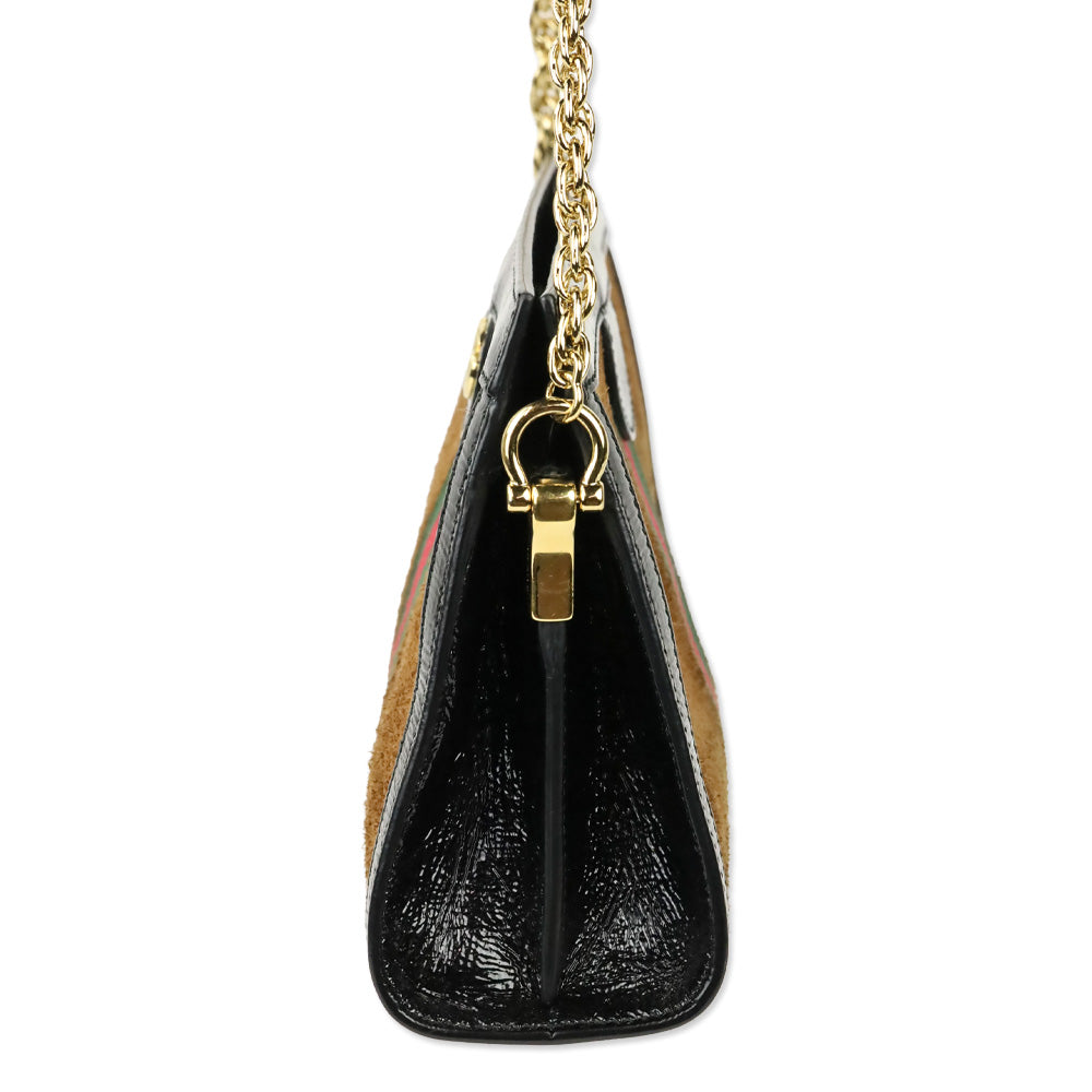 Gucci Brown Suede Black Patent Leather Web Stripe Small Ophidia Bag