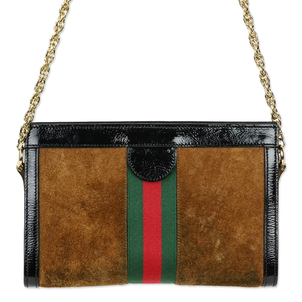 Gucci Brown Suede Black Patent Leather Web Stripe Small Ophidia Bag