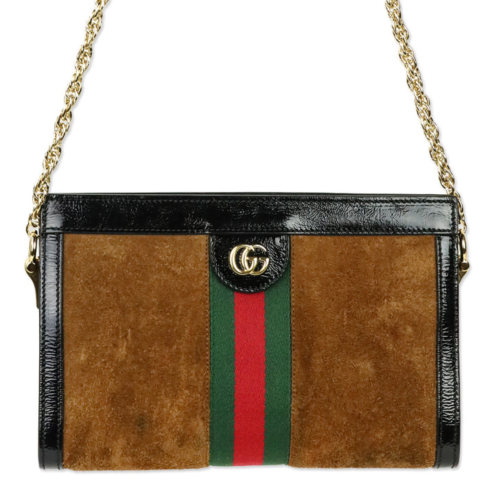 Gucci Brown Suede Black Patent Leather Web Stripe Small Ophidia Bag