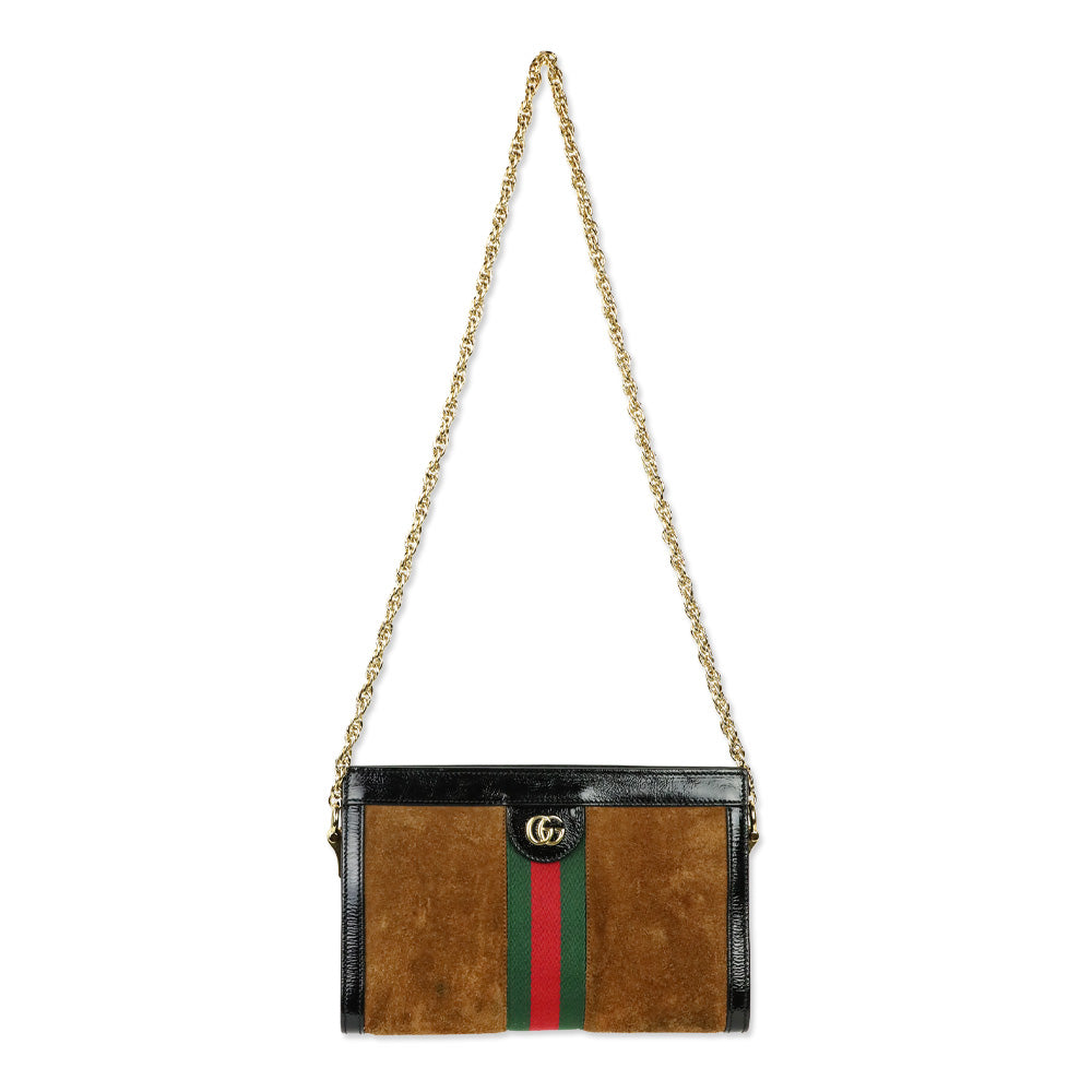 Gucci Brown Suede Black Patent Leather Web Stripe Small Ophidia Bag