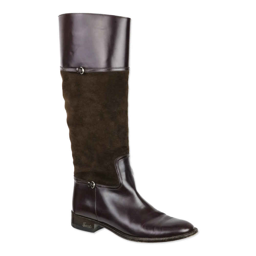 Gucci Brown Suede/Leather Knee High Horsebit Riding Boots