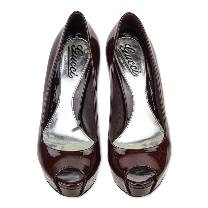 Gucci Burgundy Patent Leather Peep Platform Pumps