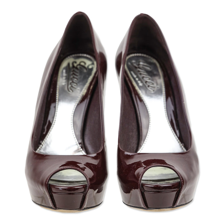 Gucci Burgundy Patent Leather Peep Platform Pumps