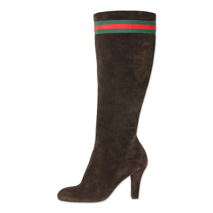 Gucci Chocolate Brown Suede Web Stripe Knee-High Booties