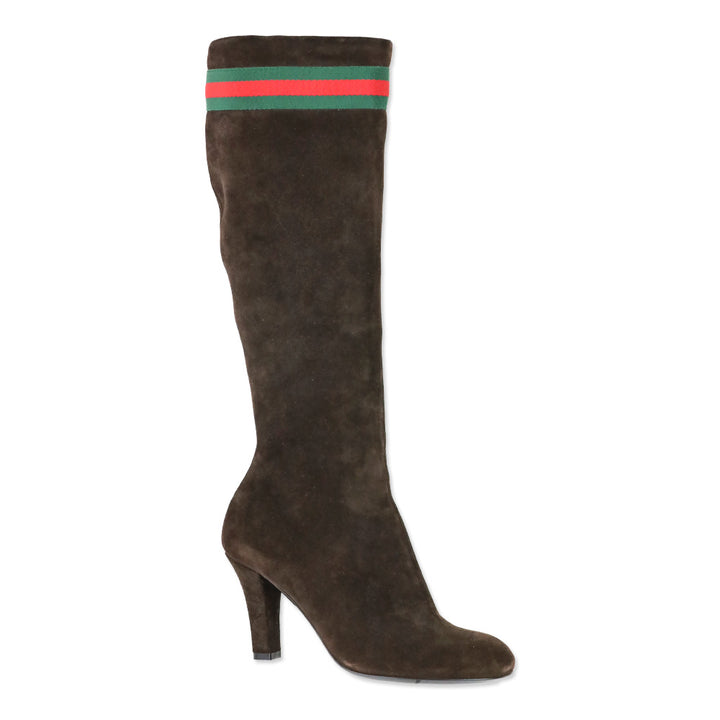 Gucci Chocolate Brown Suede Web Stripe Knee-High Booties