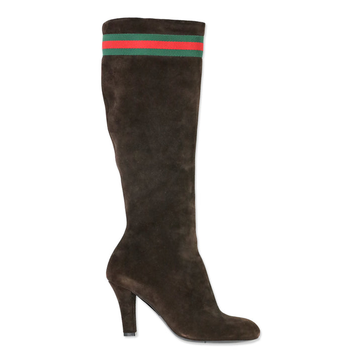 Gucci Chocolate Brown Suede Web Stripe Knee-High Booties