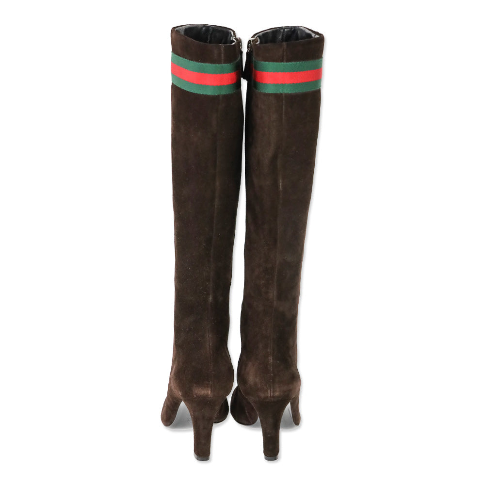 Gucci Chocolate Brown Suede Web Stripe Knee-High Booties