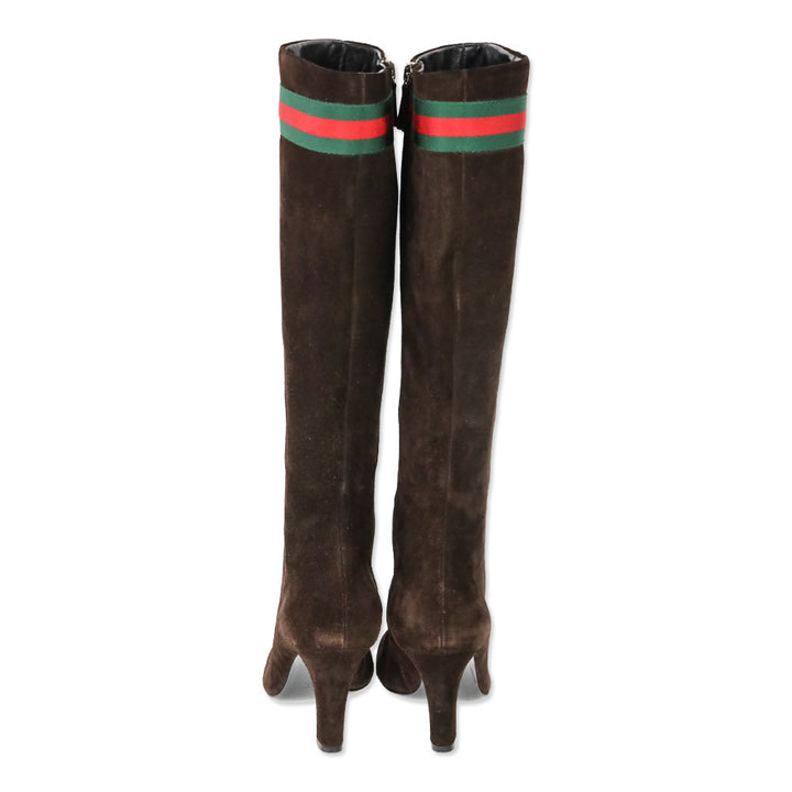 Gucci Chocolate Brown Suede Web Stripe Knee-High Booties
