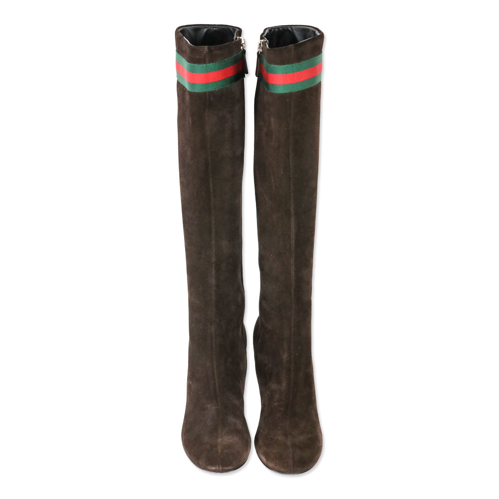 Gucci Chocolate Brown Suede Web Stripe Knee-High Booties