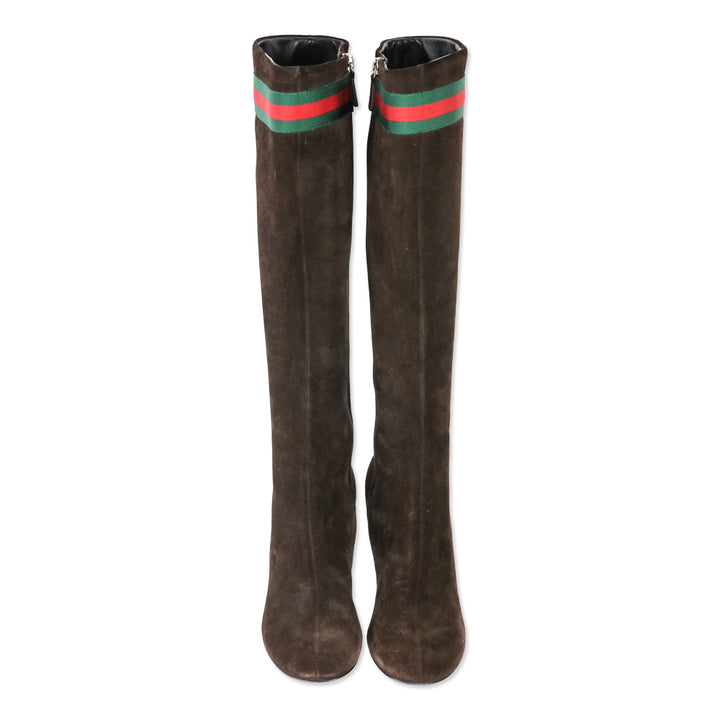 Gucci Chocolate Brown Suede Web Stripe Knee-High Booties