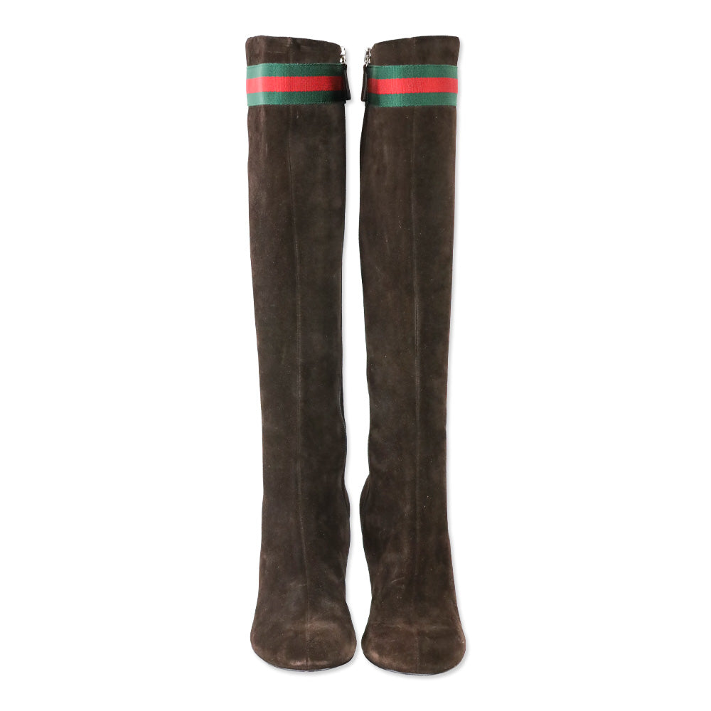 Gucci Chocolate Brown Suede Web Stripe Knee-High Booties