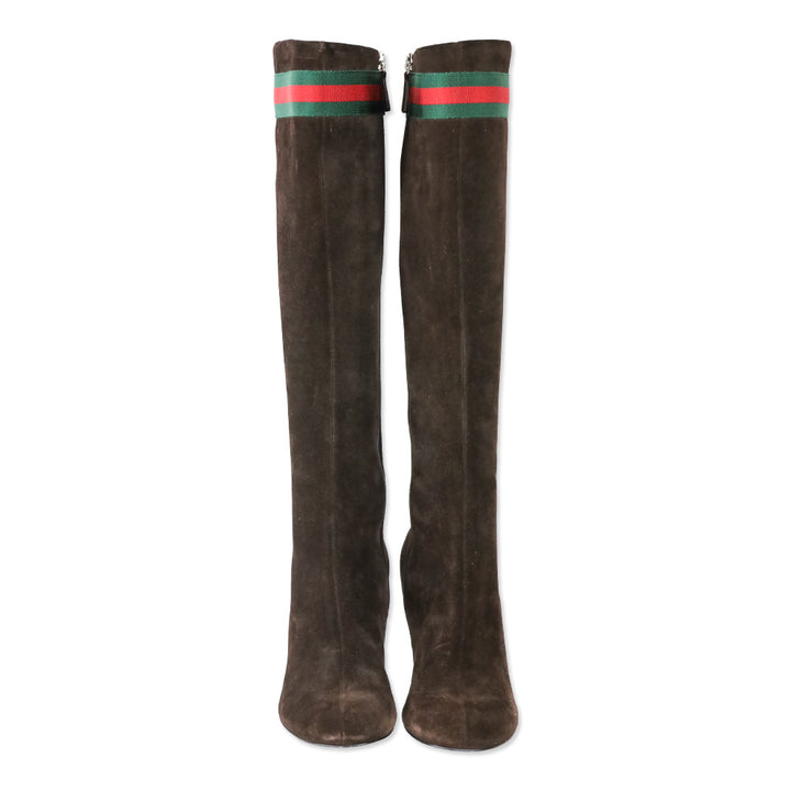 Gucci Chocolate Brown Suede Web Stripe Knee-High Booties