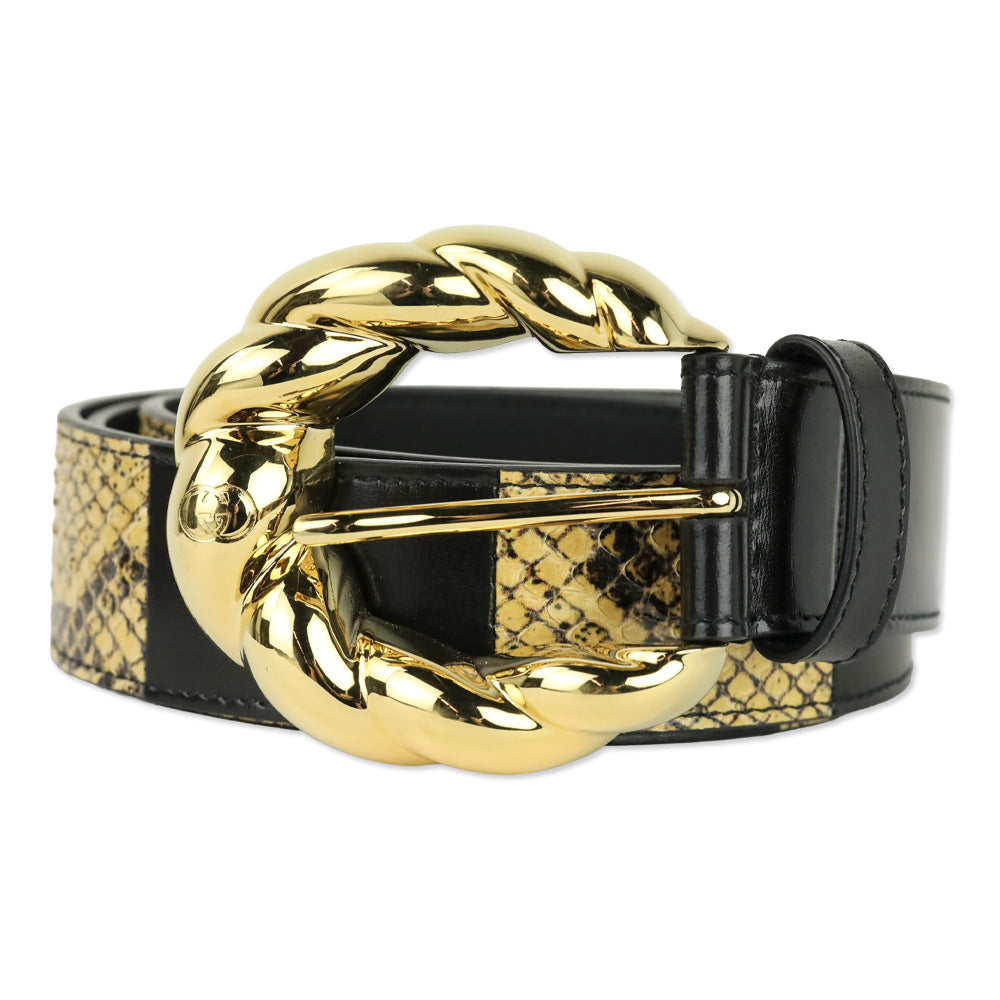Gucci Ciny Calfskin Lux Snakeskin and Black Leather Torchon 35mm Belt