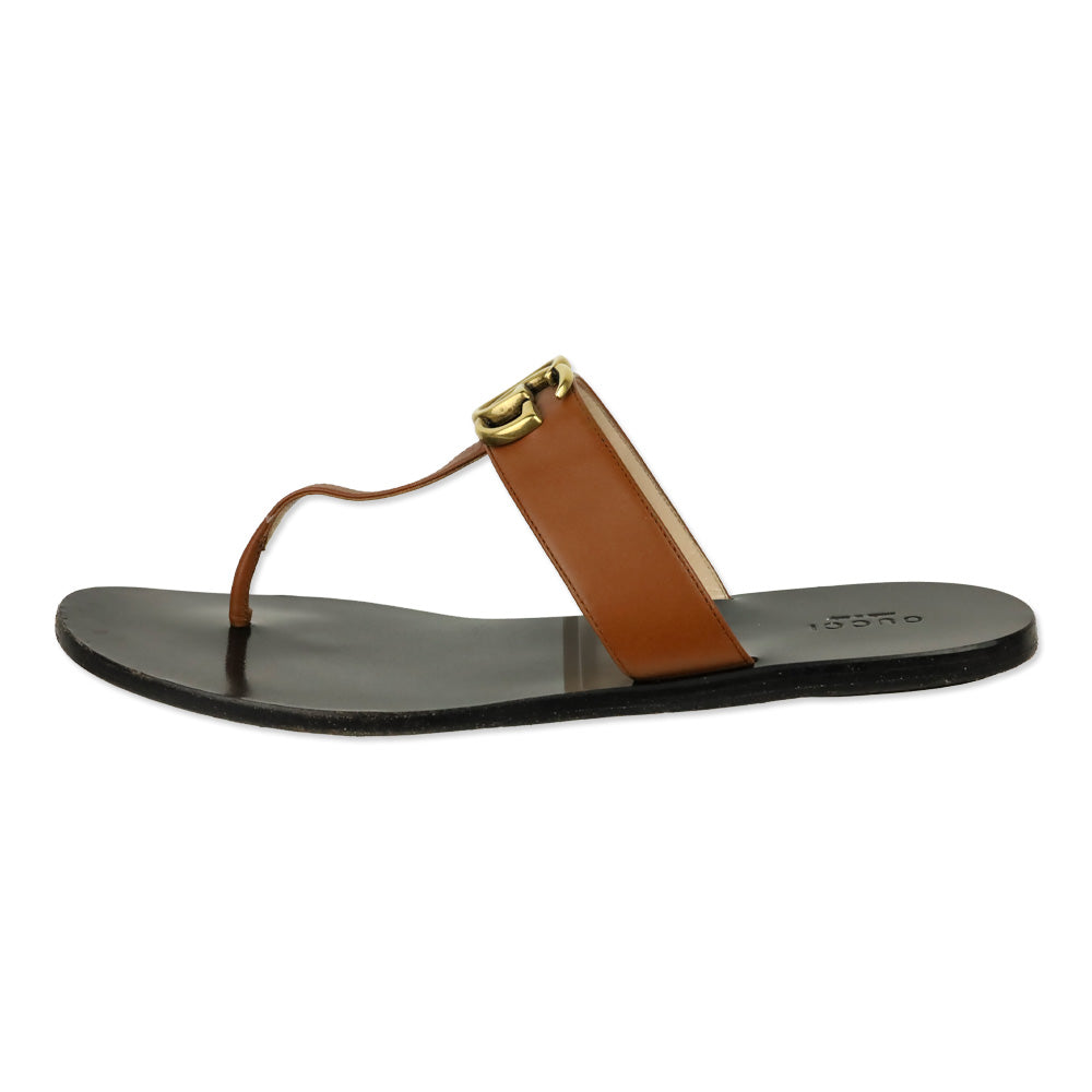 Gucci Cognac Leather GG Marmont T-Strap Thong Sandals