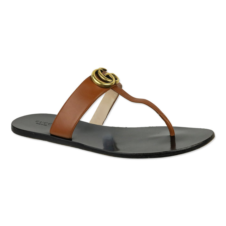 Gucci Cognac Leather GG Marmont T-Strap Thong Sandals