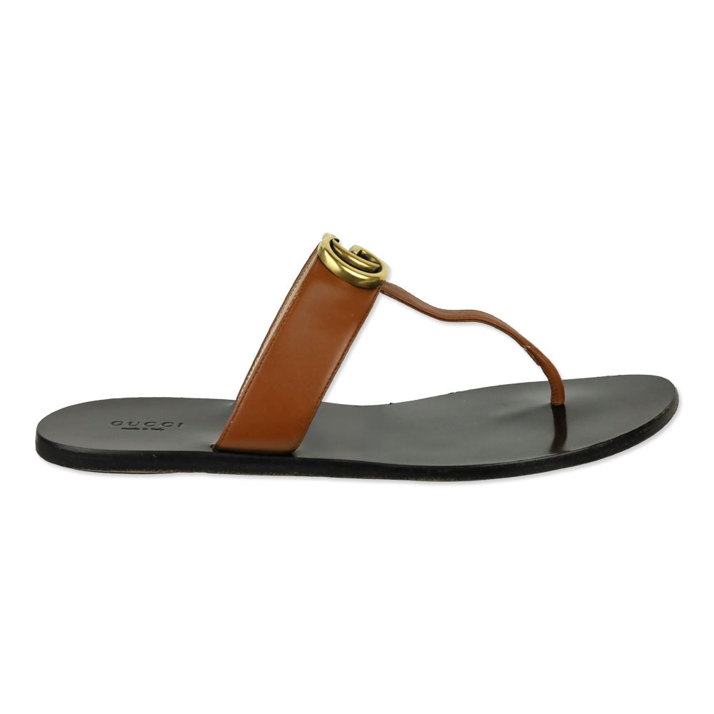 Gucci Cognac Leather GG Marmont T-Strap Thong Sandals