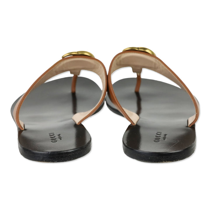 Gucci Cognac Leather GG Marmont T-Strap Thong Sandals