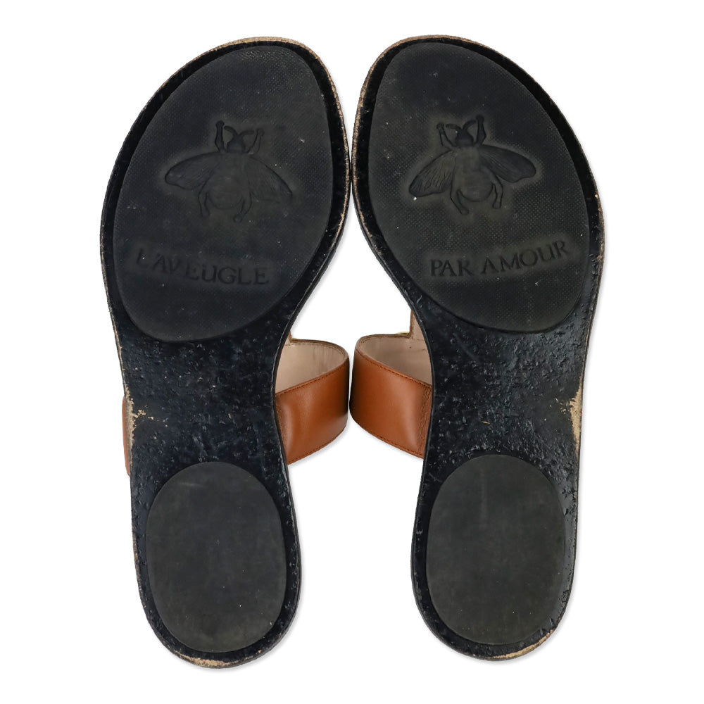 Gucci Cognac Leather GG Marmont T-Strap Thong Sandals