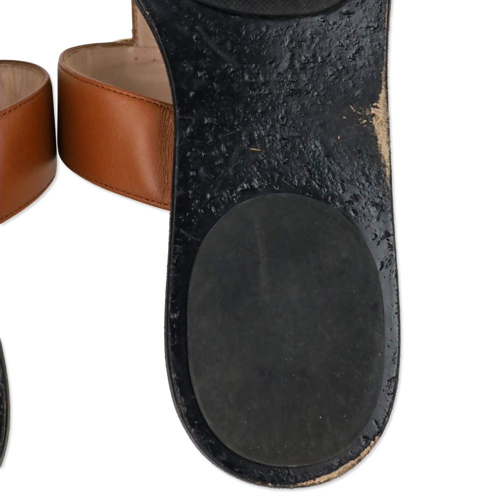 Gucci Cognac Leather GG Marmont T-Strap Thong Sandals